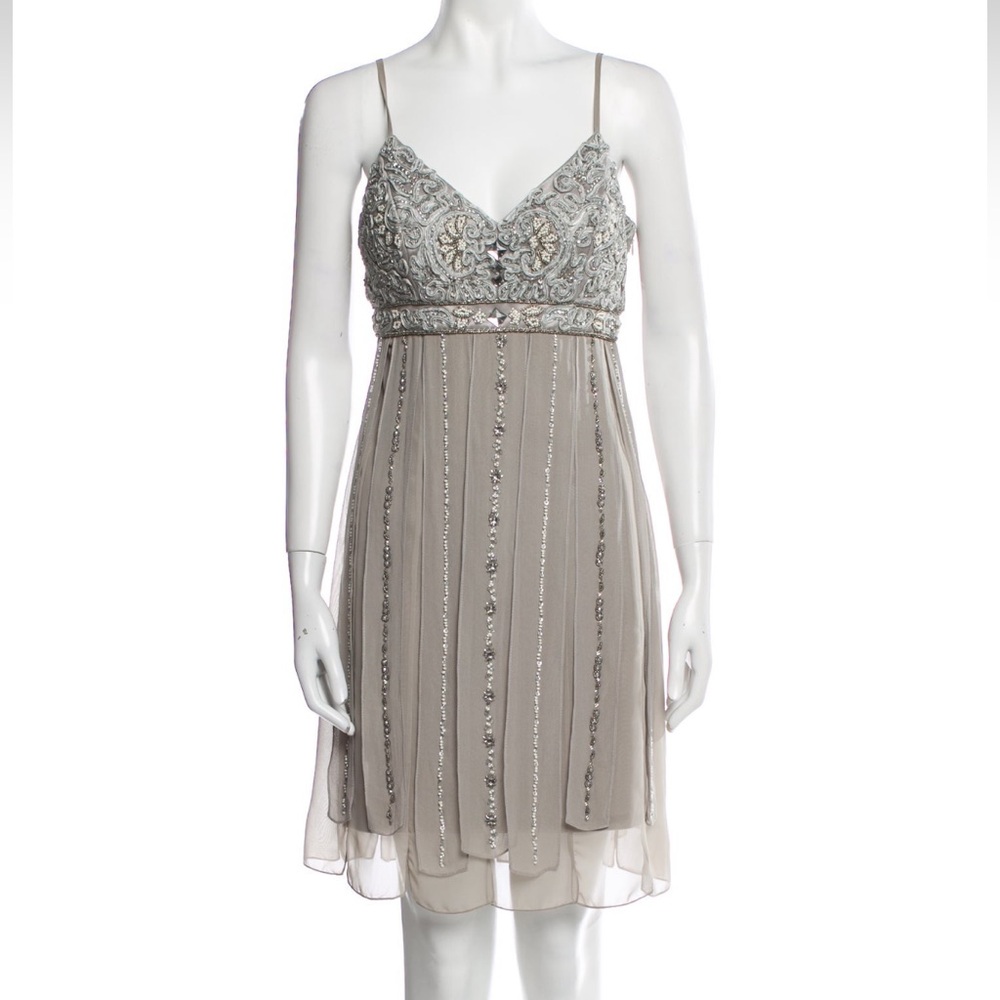 NWT Sue Wong Silver/Grey Crystal, Bead, & Embroidered Adjustable Strap Dress